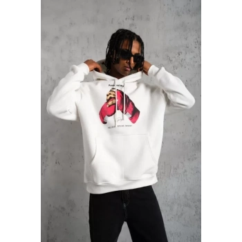Biçomi Erkek Eldiven Baskılı Kapüşonlu Sweat - Beyaz