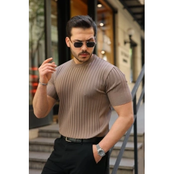 Biçomi Erkek Fitilli Bisiklet Yaka Kısa Kollu Tişört