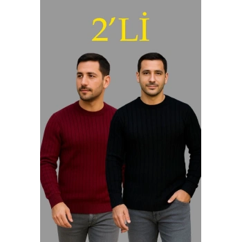 Biçomi Erkek Fitilli Triko Kazak 2’li Set – Siyah - Bordo, Kalın Dokuma Pamuklu Regular Fit Bisiklet Yaka Uzun Kollu Rahat Kışlık Kazak Kombini