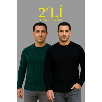 Biçomi Erkek Fitilli Triko Kazak 2’li Set Siyah Haki Kalın Dokuma Pamuklu Regular Fit Bisiklet