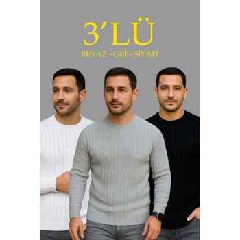 Biçomi Erkek Fitilli Triko Kazak 3’lü Set – Beyaz, Gri, SiyahKalın Dokuma Pamuklu Regular Fit Bisiklet Yaka Uzun Kollu Kışlık Ve Baharlık Rahat Triko Kombini