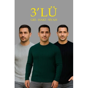 Biçomi Erkek Fitilli Triko Kazak 3lü Set Gri Haki Siyah Regular Fit Bisiklet Yaka Triko Seti Modeli Kazak