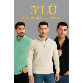 Biçomi Erkek Fitilli Triko Kazak 3’lü Set – Mint Yeşili, Siyah, Bej Kalın Dokuma Pamuklu Regular Fit V Yaka Fermuarlı Uzun Kollu Rahat Kışlık Kazak Kombini