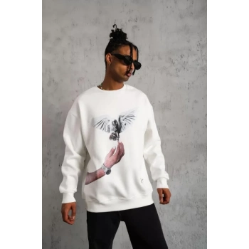 Biçomi Erkek Güvercin Baskılı Sweatshirt - Beyaz