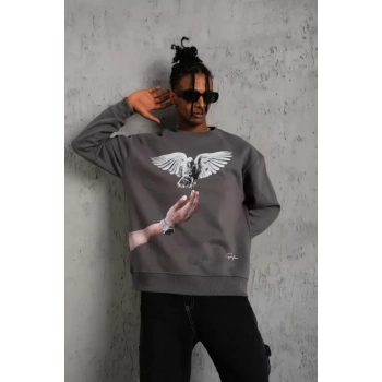 Biçomi Erkek Güvercin Baskılı Sweatshirt - Gri