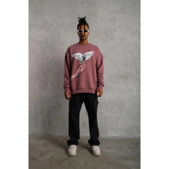 Biçomi Erkek Güvercin Baskılı Sweatshirt - Gül Kurusu