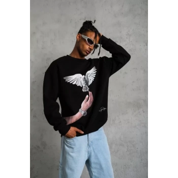 Biçomi Erkek Güvercin Baskılı Sweatshirt - Siyah