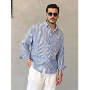 Biçomi Erkek İnce Çizgili Gofre Kumaş Rahat Kalıp Gömlek