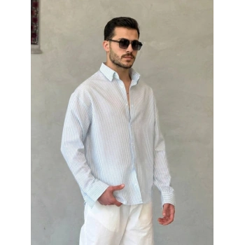 Biçomi Erkek İnce Çizgili Gofre Kumaş Rahat Kalıp Gömlek