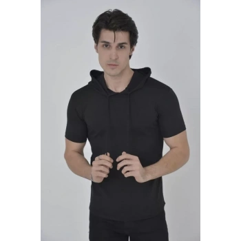 Biçomi Erkek Kapşonlu Slim Fit T-shirt - Siyah