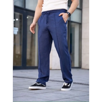 Biçomi Erkek Keten Cepli Çıma Dikişli Jogger Buggy Pantalon Rahat Kalıp - Lacivert