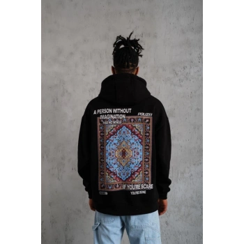 Biçomi Erkek Kilim Desen Kapüşonlu - Siyah