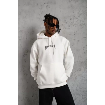 Biçomi Erkek Kordon İpli Baskılı Kapüşonlu Sweatshirt - Beyaz