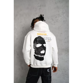 Biçomi Erkek Kordonlu Maske Baskılı Kapüşonlu Sweat - Beyaz