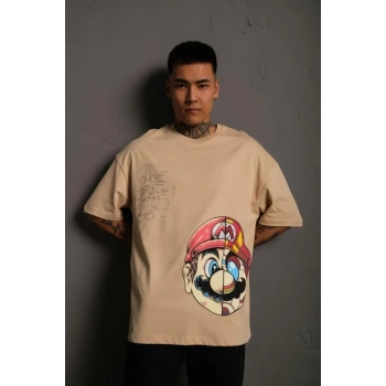 Biçomi Erkek Mario Baskılı Oversize T-Shirt - Bej
