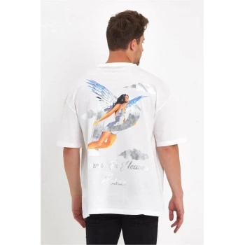 Biçomi Erkek Melek Baskılı Oversize T-shirt - Beyaz