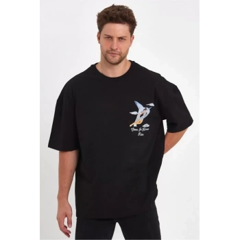 Biçomi Erkek Melek Baskılı Oversize T-shirt - Siyah