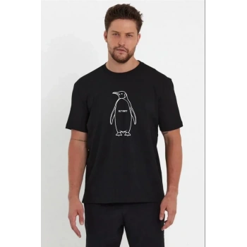 Biçomi Erkek Nihilist Penguen Özel Tasarım Oversize Bisiklet Yaka Tişört - Siyah