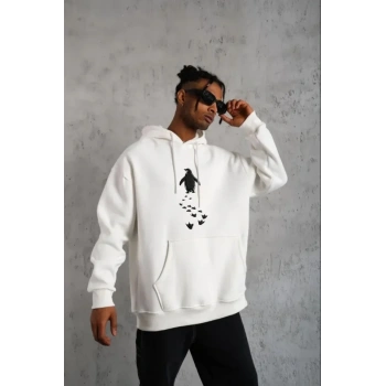 Biçomi Erkek Nihilist Penguen Temalı Oversize Kapüşonlu Sweatshirt - Beyaz