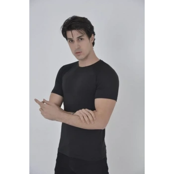 Biçomi Erkek Omuz Fileli Slim Fit T-shirt - Siyah