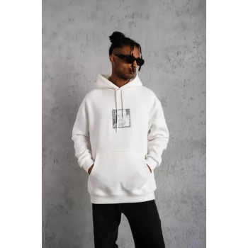 Biçomi Erkek Ön Arka Baskılı Kapşonlu Sweat - Beyaz