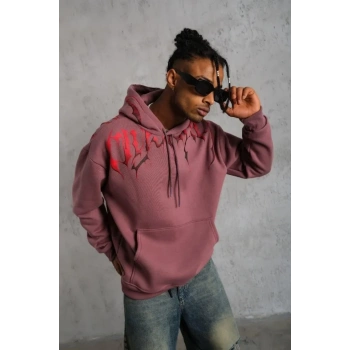 Biçomi Erkek Ön Ve Arka Baskılı Kapüşonlu 3 İplik Sweatshirt - Gül Kurusu