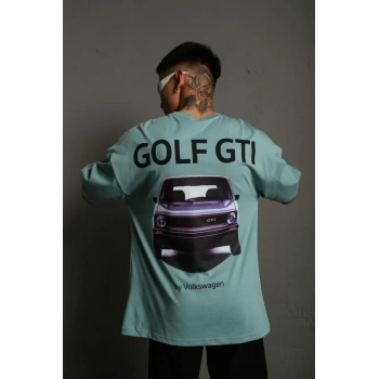 Biçomi Erkek Oversize Baskılı Tişört – Golf GTI Retro Araba Desenli, Ön - Arka Dijital Baskı, Sokak Modası Stil - Mint Yeşili