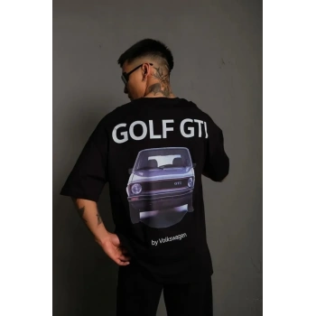 Biçomi Erkek Oversize Baskılı Tişört – Golf GTI Retro Araba Desenli, Ön - Arka Dijital Baskı, Sokak Modası Stil - Siyah