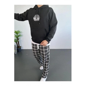 Biçomi Erkek Oversize Üç İplik Kapüşonlu Sweatshirt – Siyah Sırt Ve Ön Baskılı, Kanguru Cepli, Rahat Kalıp, İçi Pamuklu ModeL-Siyah