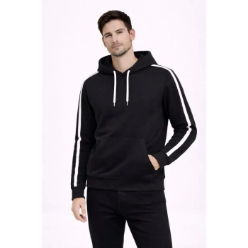 Biçomi Erkek Şeritli Kapüşonlu Sweatshirt Oversize 3 Iplik Pamuklu - Siyah