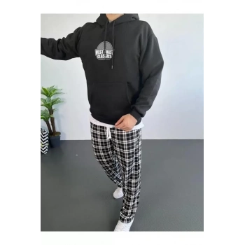 Biçomi Erkek Sırt Baskılı Kapüşonlu Üç İplik Oversize Sweatshirt - Siyah