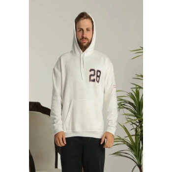 Biçomi Erkek Sırt Baskılı Oversize Üç İplik Kapüşonlu Sweatshirt - Beyaz