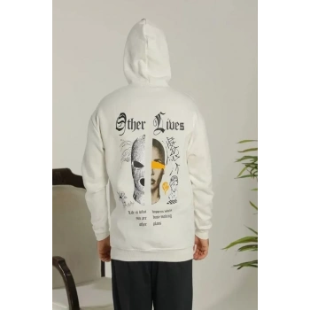 Biçomi Erkek Sırt Baskılı Oversize Üç İplik Kapüşonlu Sweatshirt - Beyaz