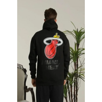 Biçomi Erkek Sırt Baskılı Oversize Üç İplik Kapüşonlu Sweatshirt - Siyah