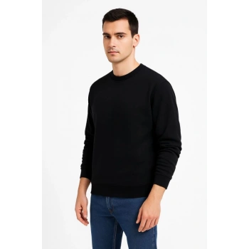 Biçomi Erkek Üç İplik Düz Bisiklet Yaka SweatShirt - Siyah