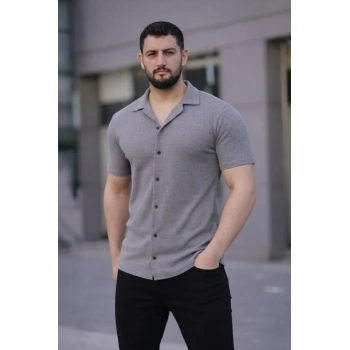 Biçomi Erkek Waffle Kumaş Kısa Kollu Düğmeli Açık Yaka Regular Fit Gömlek - Gri