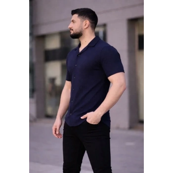 Biçomi Erkek Waffle Kumaş Kısa Kollu Düğmeli Açık Yaka Regular Fit Gömlek - Lacivert