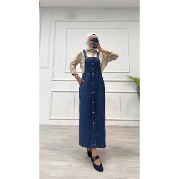 BİÇOMİ Etekli salopet enzim süper taş yıkama koyu mavi d2521