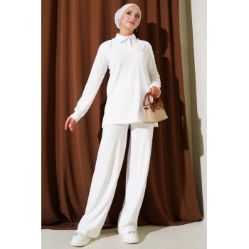 BİÇOMİ Gömlek Yaka Fitilli Salaş İkili Takım beyaz T4300