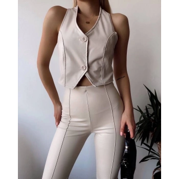 BİÇOMİ İki düğmeli deri yelek krem s243001