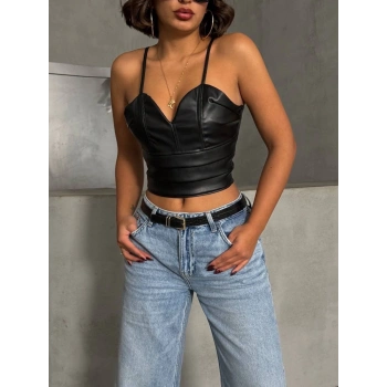 BİÇOMİ İp askılı yandan fermuarlı rastale deri crop siyah s24113