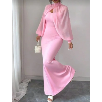 Biçomi Kadın Balıkçı Yaka İnci Ve Tül Detay Dalgıç Kumaş Maxi Boy Elbise
