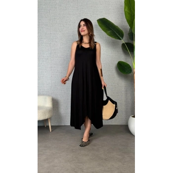 Biçomi Kadın çan Dokuma Kumaş V Yaka Asimetrik Kesim Elbise
