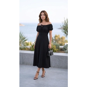 Biçomi Kadın Düşük Omuz Bağcık Detaylı Midi Boy Elbise