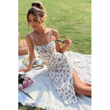 Biçomi Kadın Ip Askılı Yakadan Bağcıklı Desenli Süprem Elbise