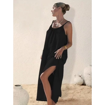 Biçomi Kadın Ip Askılı Yuvarlak Yaka Yırtmaçlı Uzun Müslim Elbise