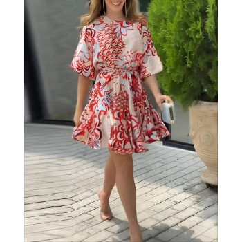 Biçomi Kadın Kısa Balon Kollu Yuvarlak Yakalı Pileli Desenli Mini Elbise