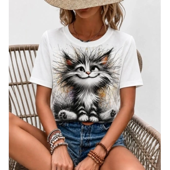 Biçomi Kadın Kısa Kollu Bisiklet Yaka Kedi Baskılı Süprem Bluz