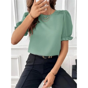 Biçomi Kadın Kısa Kollu Bisiklet Yaka Kolları Gipeli Ithal Krep Bluz
