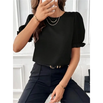Biçomi Kadın Kısa Kollu Bisiklet Yaka Kolları Gipeli Ithal Krep Bluz